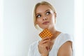 Beautiful Woman Holding Birth Control Pills, Oral Contraceptive Royalty Free Stock Photo