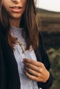 Beautiful woman holding ear wheat in sunlight sunset in summer e Royalty Free Stock Photo