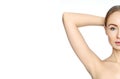Beautiful woman holding her arms with clean underarms. Epilation