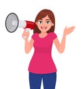 Beautiful woman holding a megaphone/loud speaker, gesturing hand. Girl making announcement with megaphone, communicates shouting. Royalty Free Stock Photo