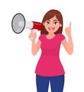 Beautiful woman holding a megaphone/loud speaker and pointing up index finger. Girl making announcement with megaphone. Royalty Free Stock Photo