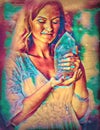 Beautiful woman holding the natural protection crystal. Painting effect. Royalty Free Stock Photo