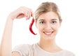 Beautiful woman holding a red chilli pepper Royalty Free Stock Photo