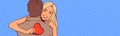 Beautiful Woman Hug Man Holdin Heart Shape Over Comic Pop Art Background Horizontal Banner With Copy Space Valentines