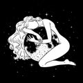 Beautiful woman hugging full moon in space, magic theme, goddess symbol. Vector illustration