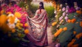 Beautiful woman in Indian saree attire walking in the flower garden, AI-generated