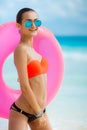 Beautiful woman with inflatable life buoy Royalty Free Stock Photo