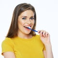 Beautiful woman isolated portrait with toothy brush. Healthy te Royalty Free Stock Photo