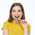 Beautiful woman isolated portrait with toothy brush. Healthy tee Royalty Free Stock Photo