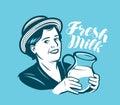 Beautiful woman with a jug of fresh milk. Dairy farm, retro vector illustration