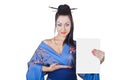 Beautiful woman in a kimono with blank billboard Royalty Free Stock Photo