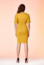 Beautiful woman lady spring autumn collection glamor model business office fashion clothes wear casual style yelow color suit