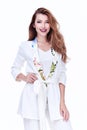 Beautiful woman lady spring autumn collection glamor model business office fashion clothes wear casual style white color suit Royalty Free Stock Photo