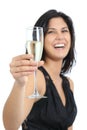 Beautiful woman laughing and toasting with champagne