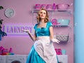 Beautiful woman in the laundry holds a basin with dirty clothes. The perfect housewife. Royalty Free Stock Photo