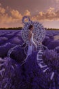 Beautiful woman in lavender field with treble clef and piano throne