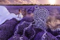 Beautiful woman in lavender field with treble clef and piano throne Royalty Free Stock Photo