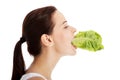 Beautiful woman with leaf of lettuce in mouth. Royalty Free Stock Photo