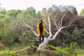 Beautiful woman leaning against a tree wearing a yellow coat and a black hat Royalty Free Stock Photo