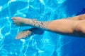 Beautiful Woman Legs in the Warm Blue Water of Swimming Pool. Summer Vacation. Royalty Free Stock Photo