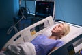 Beautiful woman lies on postoperative bed in intensive care unit Royalty Free Stock Photo