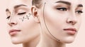 Beautiful woman with lifting arrow on face. Royalty Free Stock Photo