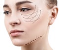 Beautiful woman with lifting arrow on face. Royalty Free Stock Photo