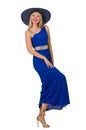 Beautiful woman in long blue dress isolated on Royalty Free Stock Photo