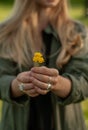 Beautiful woman with long hair holding flower. Hands with rings stylish boho accessories. No focus Royalty Free Stock Photo