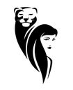 Woman and lioness head black and white vector portrait