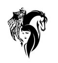 Woman and winged pegasus horse spirit black and white vector head portrait Royalty Free Stock Photo