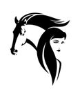 Woman and mustang horse black and white vector head portrait Royalty Free Stock Photo