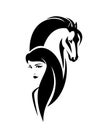 Woman and mustang horse spirit black and white vector head portrait Royalty Free Stock Photo