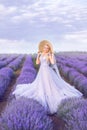 Beautiful woman in a long purple dress on a background of lavender . A girl in the form of a fairy and a nymph of flowers