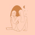 Beautiful woman looking into the mirror on her reflection drawn in simple minimalistic line style with celestial bodies.