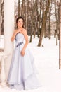 Beautiful woman in a luxurious blue fairy-tale dress in a snowy forest Royalty Free Stock Photo