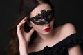 Beautiful woman with luxurious dark hair,with lace mask on face