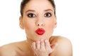 Beautiful woman with make up blowing a kiss. Royalty Free Stock Photo