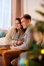 Beautiful woman and man hugging and smiling on the background of Christmas interiors