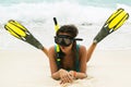 Beautiful young woman after snorkeling on the beach Royalty Free Stock Photo