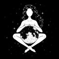 Beautiful woman meditating with full moon in space, goddess symbol. Vector illustration