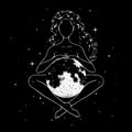 Beautiful woman meditating with full moon in space, goddess symbol. Vector illustration