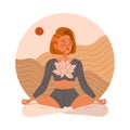 Beautiful woman meditating in Lotus pose. Young woman practicing yoga and breathing exercise cartoon vector illustration