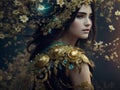 Beautiful woman mesmerized with her golden patterned dress that flowed gracefully, while flowers delicately adorned her hair.