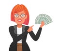 A beautiful woman with money in her hand. A young girl points to the dollar bills in her hand. A happy businesswoman. Vector Royalty Free Stock Photo