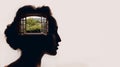 Beautiful woman with opened window with garden in her head.