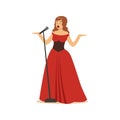 Beautiful woman opera singer in long red dress singing with microphone