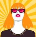 Beautiful woman with orange hair wearing pink sunglasses