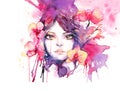 Beautiful woman with orchid flowers - watercolor fashion illustration with female portrait Royalty Free Stock Photo