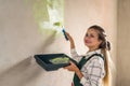 Beautiful woman painting walls with tray and roller Royalty Free Stock Photo